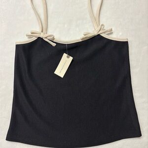 Anthropologie Black Camisole with Cream Trim & Bow Straps